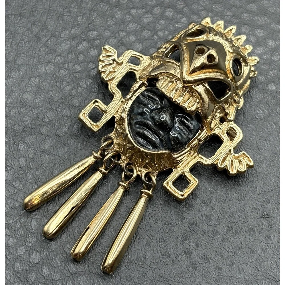 Vintage Salvador Teran Mexico Marbel Pendant Brooch Pin Mayan Mask Face Dangle